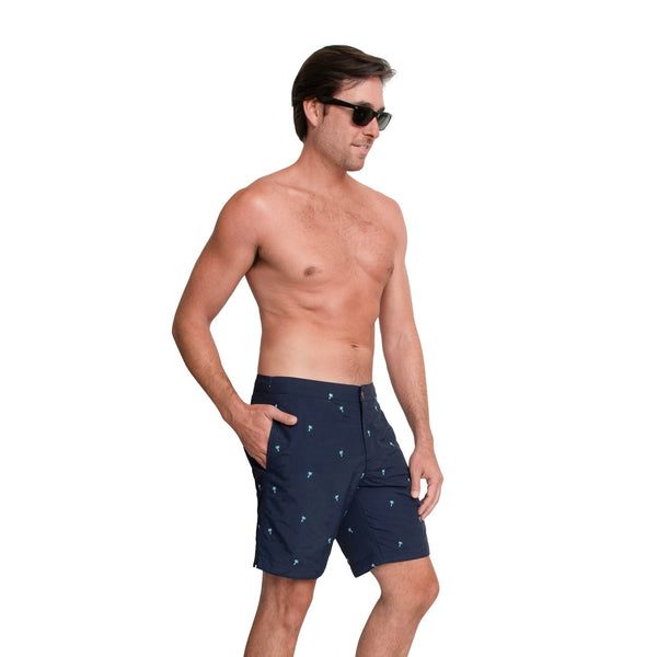 Aruba 8.5" Navy Embroidered Small Palms Swim Trunks