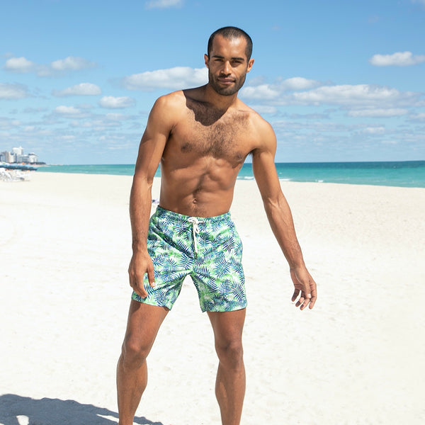 Cabo 6.5" Blue/Green Palm Leaves Swim Trunks