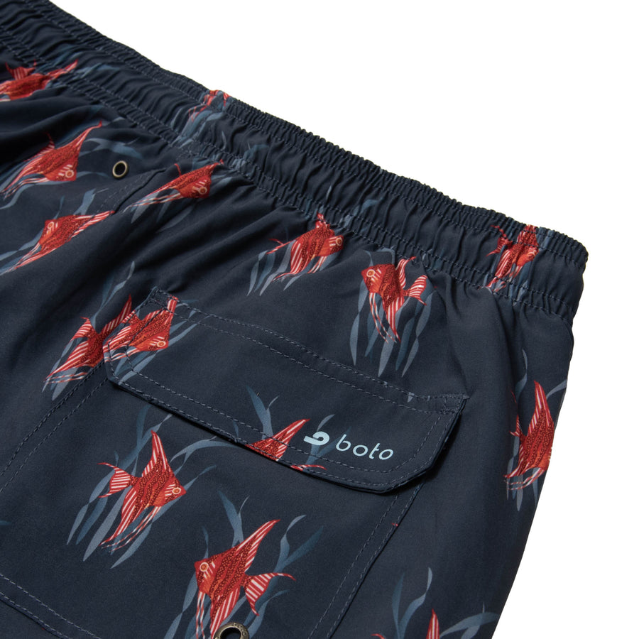 Cabo 6.5" Navy Tropical Fish- Stretch Swim Trunks