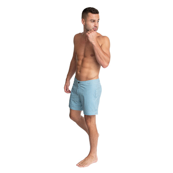 striped teal swim trunks