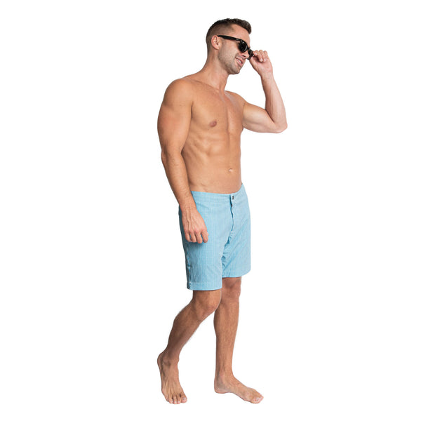 Striped teal blue mens swim trunks