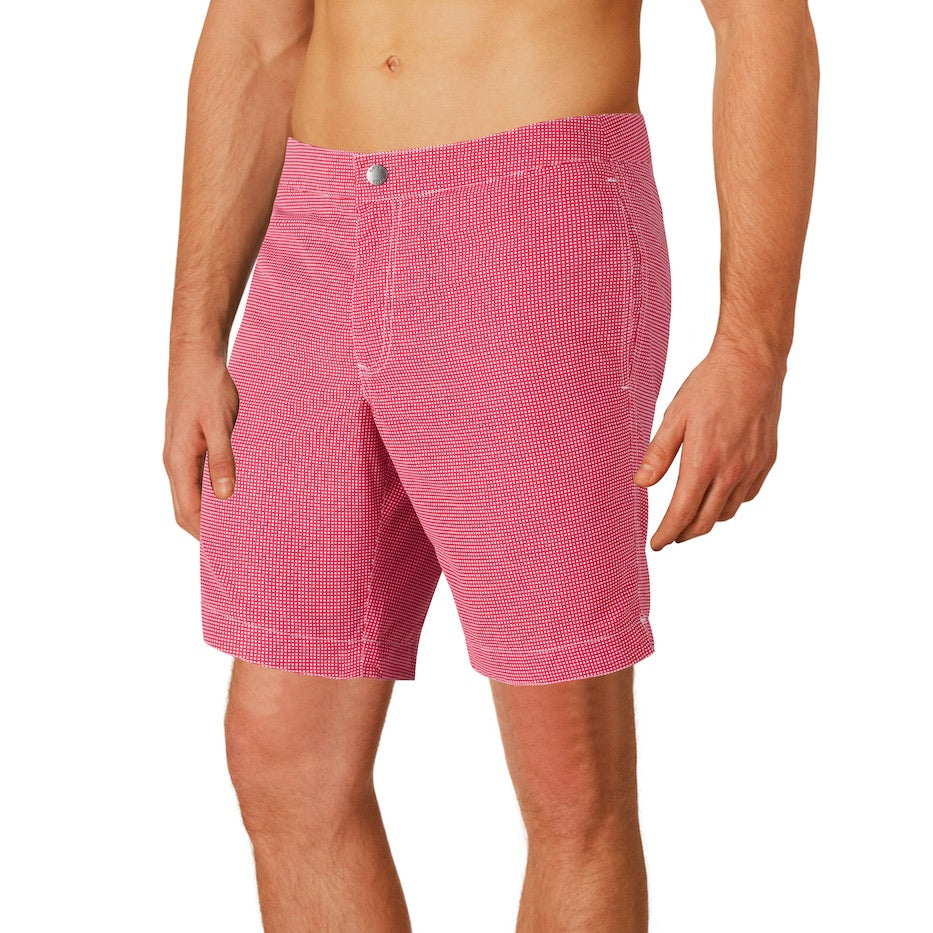 Aruba 8.5" Micro Checks Coral Red Swim Trunks