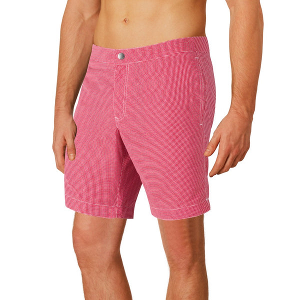 Aruba 8.5" Micro Checks Coral Red Swim Trunks