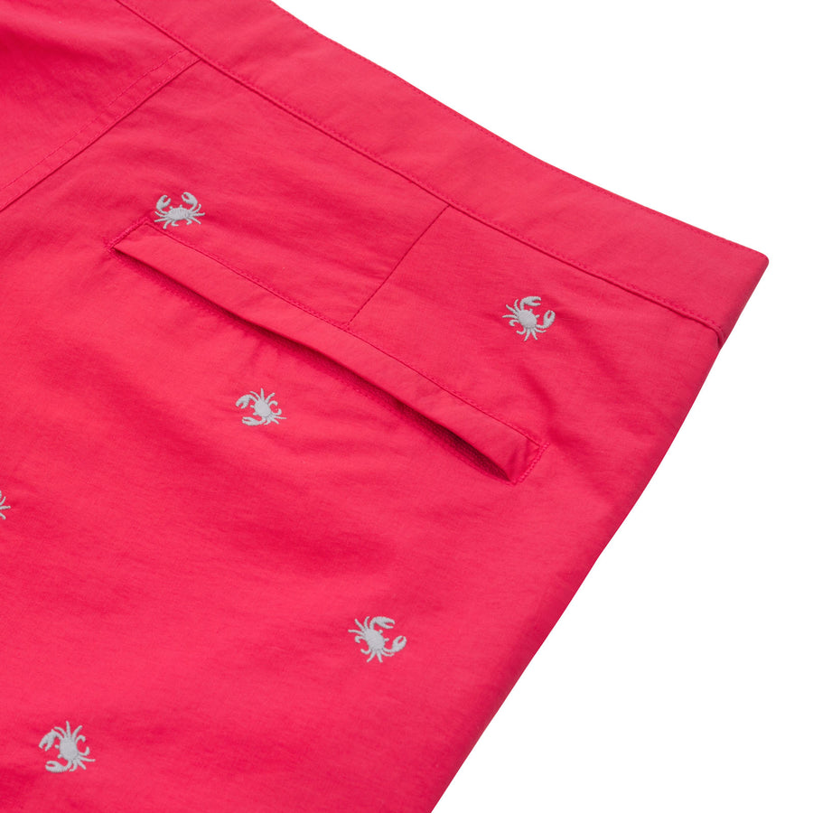 Aruba 8.5" Coral Red Embroidered Crabs Swim Trunks